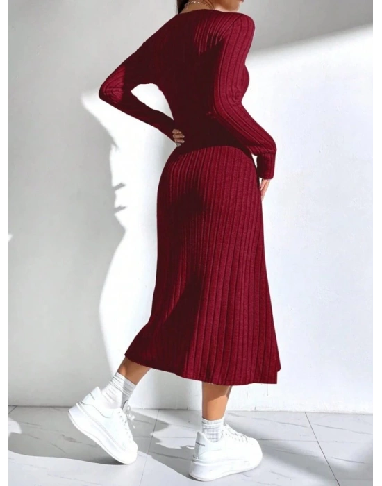 Kadın Uzun Kollu Kare Yaka Midi Kaşkorse Elbise