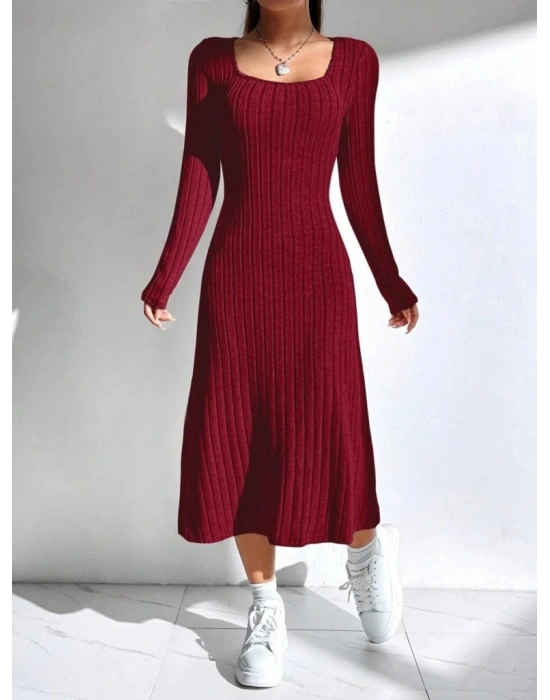 Kadın Uzun Kollu Kare Yaka Midi Kaşkorse Elbise