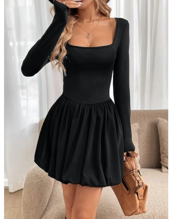 Kadın Uzun Kollu Kare Yaka Mini Balon Modal Elbise