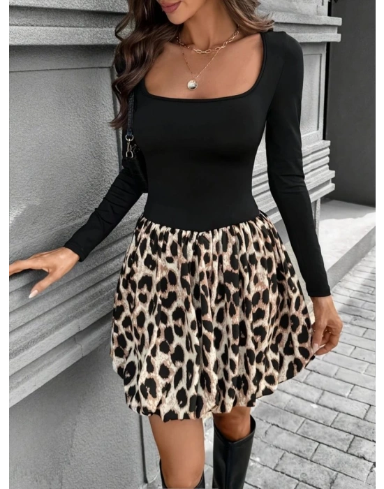 Kadın Uzun Kollu Kare Yaka Mini Balon Modal Elbise