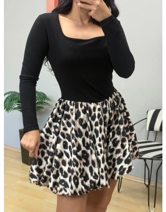 Kadın Uzun Kollu Kare Yaka Mini Balon Modal Elbise