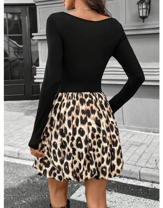 Kadın Uzun Kollu Kare Yaka Mini Balon Modal Elbise