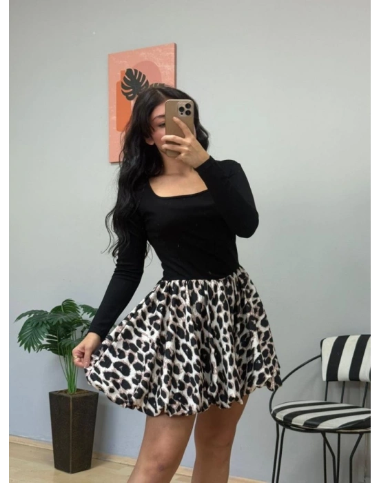 Kadın Uzun Kollu Kare Yaka Mini Balon Modal Elbise