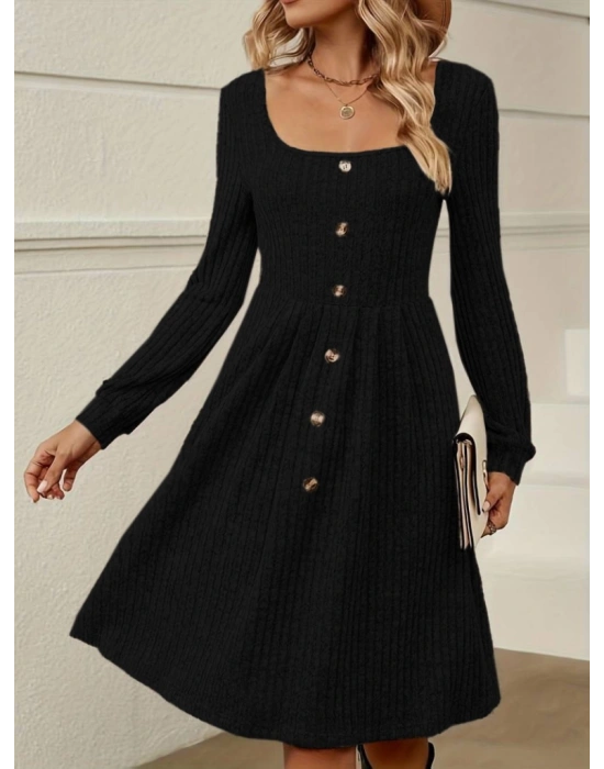 Kadın Uzun Kollu Kare Yaka önden Düğmeli Midi şardonlu Kaşkorse Elbise