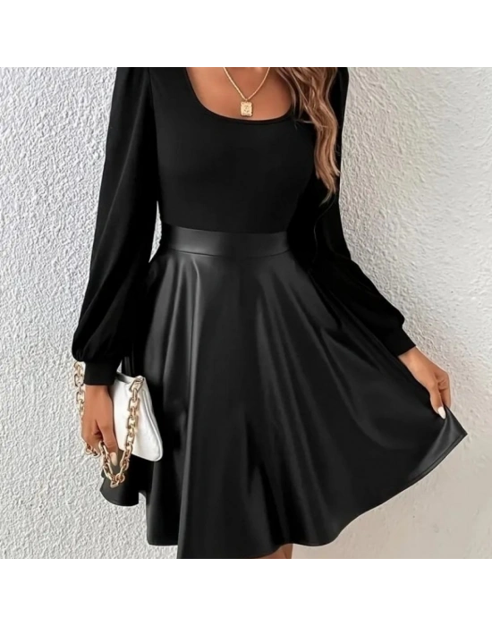 Kadın Uzun Kollu Kare Yaka üst Viskon Alt Deri Mini Elbise