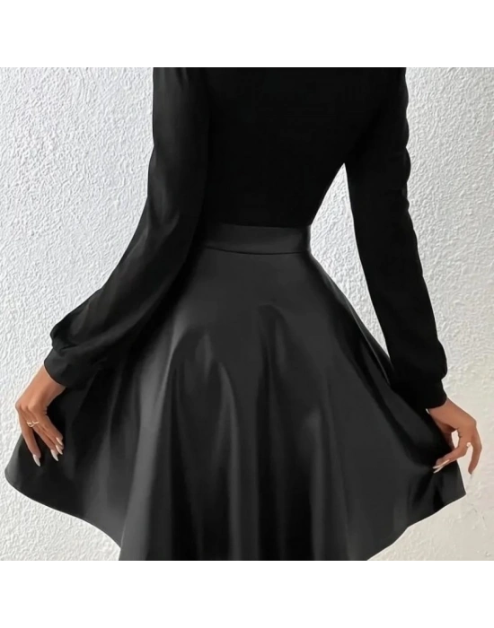 Kadın Uzun Kollu Kare Yaka üst Viskon Alt Deri Mini Elbise