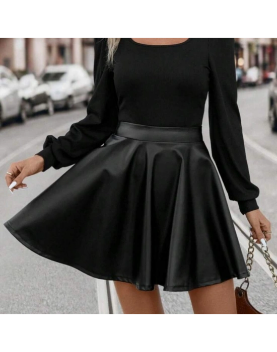 Kadın Uzun Kollu Kare Yaka üst Viskon Alt Deri Mini Elbise