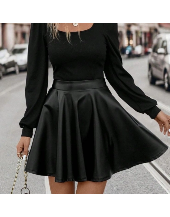 Kadın Uzun Kollu Kare Yaka üst Viskon Alt Deri Mini Elbise