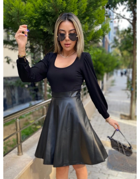 Kadın Uzun Kollu Kare Yaka üst Viskon Alt Deri Mini Elbise