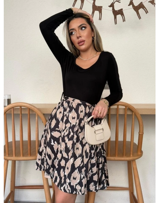 Kadın Uzun Kollu Kare Yaka Viskon Bluz Alt Süprem Baskılı Belden Kuşaklı Kısa Elbise