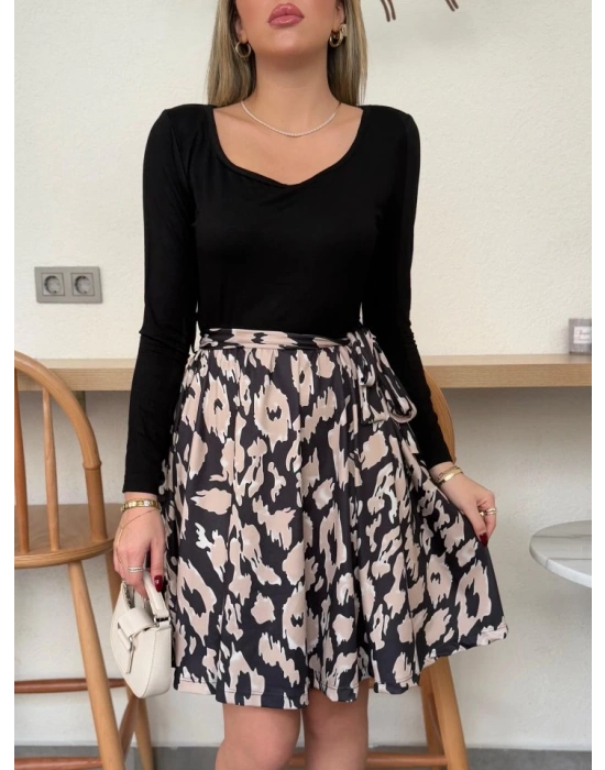 Kadın Uzun Kollu Kare Yaka Viskon Bluz Alt Süprem Baskılı Belden Kuşaklı Kısa Elbise