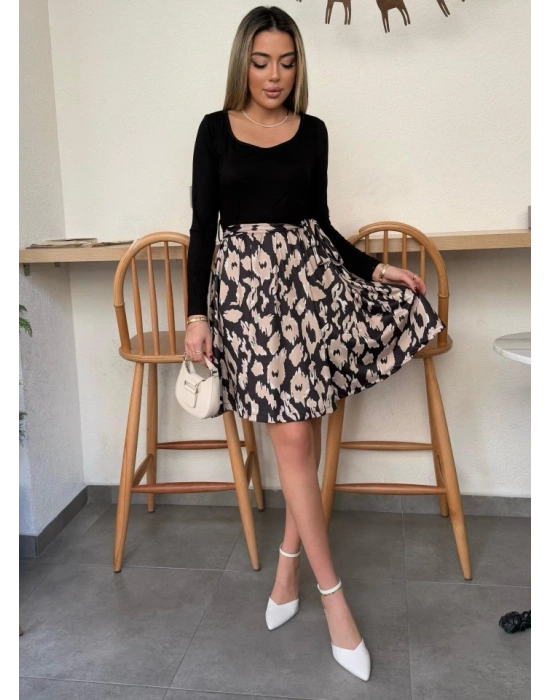 Kadın Uzun Kollu Kare Yaka Viskon Bluz Alt Süprem Baskılı Belden Kuşaklı Kısa Elbise