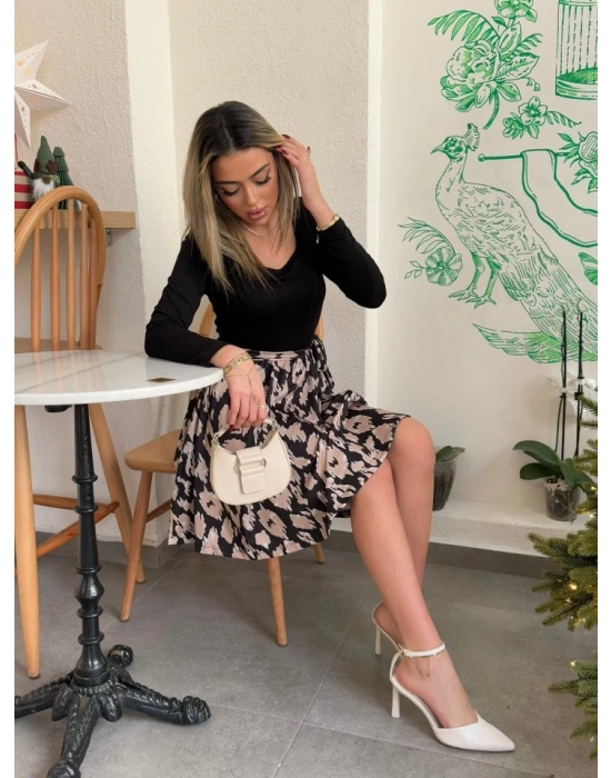 Kadın Uzun Kollu Kare Yaka Viskon Bluz Alt Süprem Baskılı Belden Kuşaklı Kısa Elbise