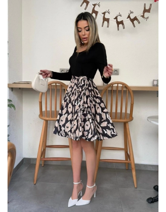 Kadın Uzun Kollu Kare Yaka Viskon Bluz Alt Süprem Baskılı Belden Kuşaklı Kısa Elbise