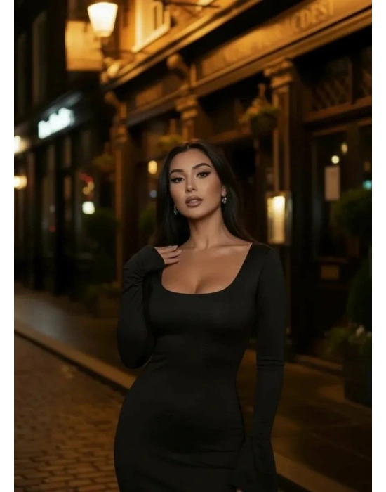 Kadın Uzun Kollu Kare Yaka Volanlı anşet Detay axi Boy Elbise