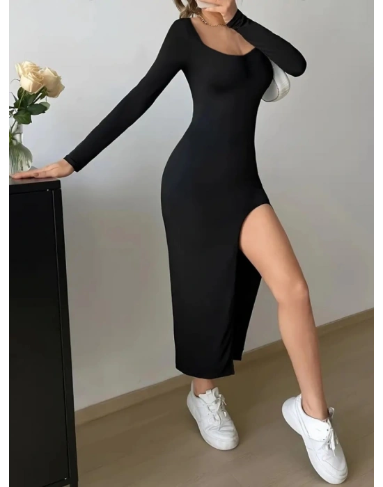 Kadın Uzun Kollu Kare Yaka Yırtmaçlı Uzun Sandy Elbise