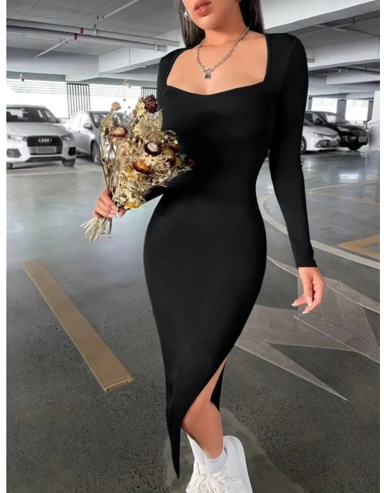 Kadın Uzun Kollu Kare Yaka Yırtmaçlı Uzun Sandy Elbise