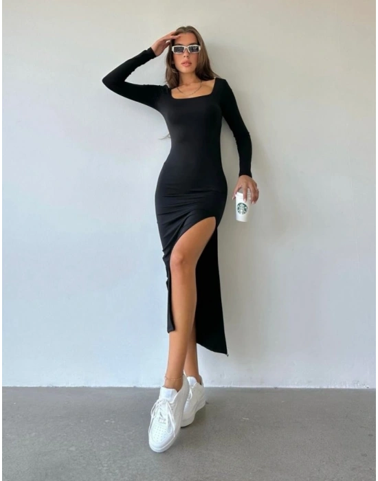 Kadın Uzun Kollu Kare Yaka Yırtmaçlı Uzun Sandy Elbise