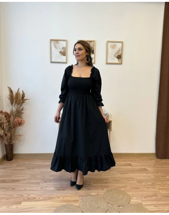 Kadın Uzun Kollu Kare Yakalı Gipeli Uzun Trikoton Elbise