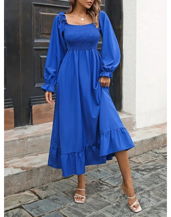 Kadın Uzun Kollu Kare Yakalı Gipeli Uzun Trikoton Elbise