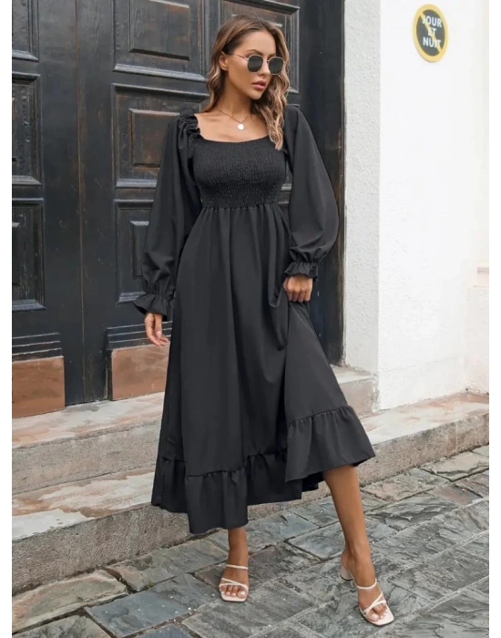 Kadın Uzun Kollu Kare Yakalı Gipeli Uzun Trikoton Elbise