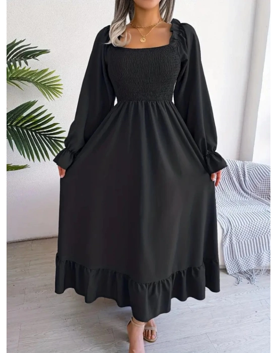 Kadın Uzun Kollu Kare Yakalı Gipeli Uzun Trikoton Elbise