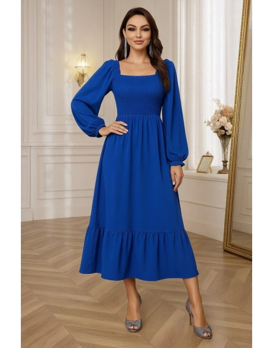 Kadın Uzun Kollu Kare Yakalı Gipeli Uzun Trikoton Elbise