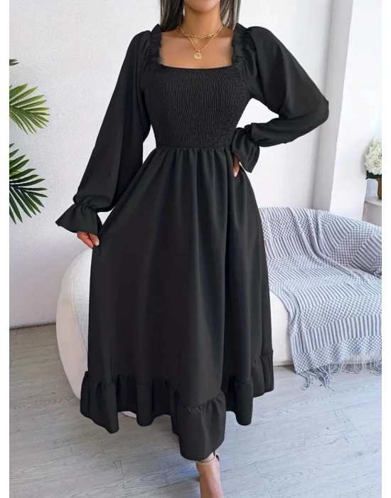 Kadın Uzun Kollu Kare Yakalı Gipeli Uzun Trikoton Elbise