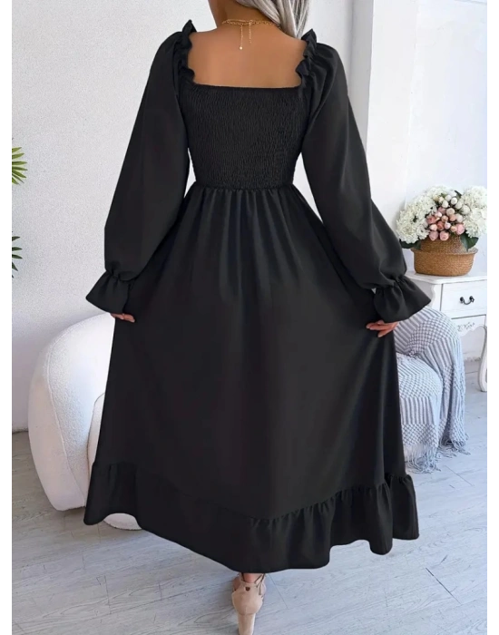 Kadın Uzun Kollu Kare Yakalı Gipeli Uzun Trikoton Elbise