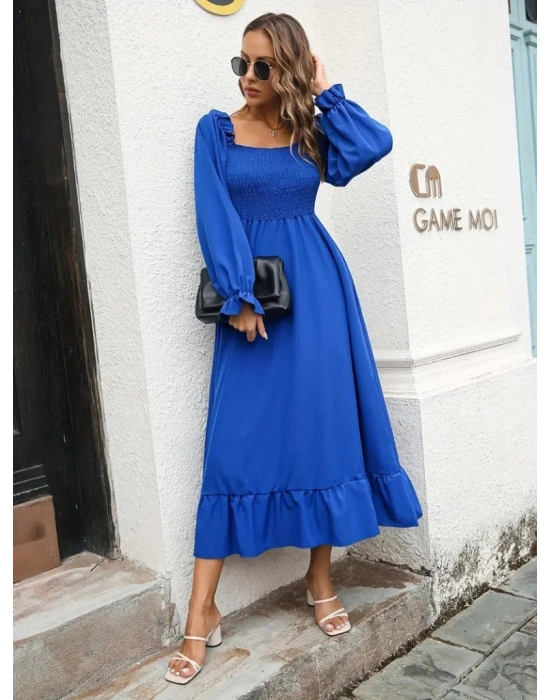 Kadın Uzun Kollu Kare Yakalı Gipeli Uzun Trikoton Elbise