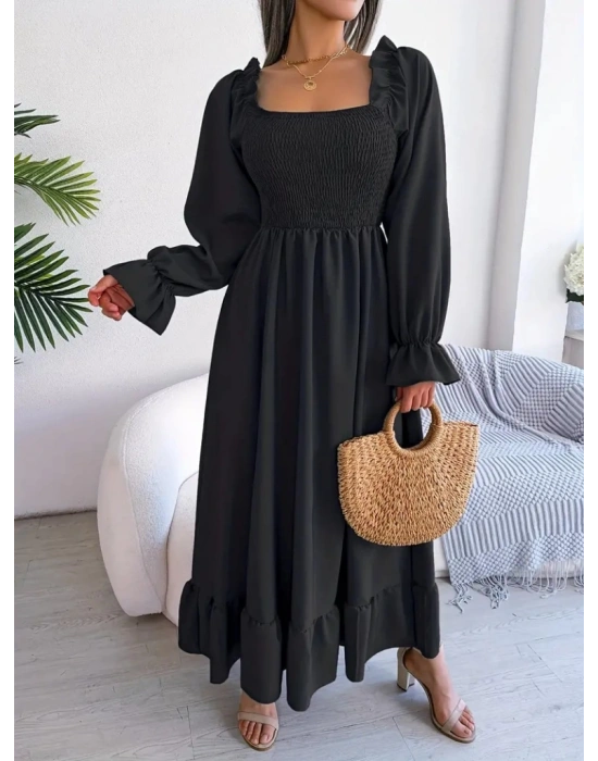 Kadın Uzun Kollu Kare Yakalı Gipeli Uzun Trikoton Elbise