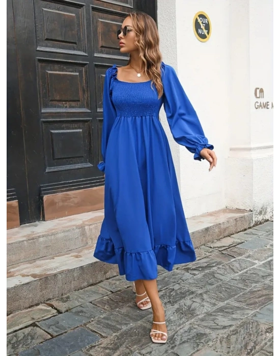 Kadın Uzun Kollu Kare Yakalı Gipeli Uzun Trikoton Elbise