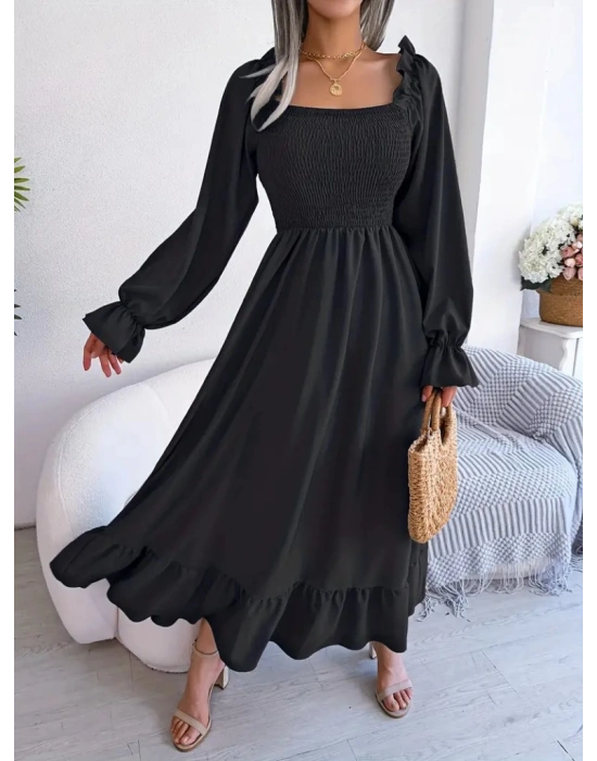 Kadın Uzun Kollu Kare Yakalı Gipeli Uzun Trikoton Elbise