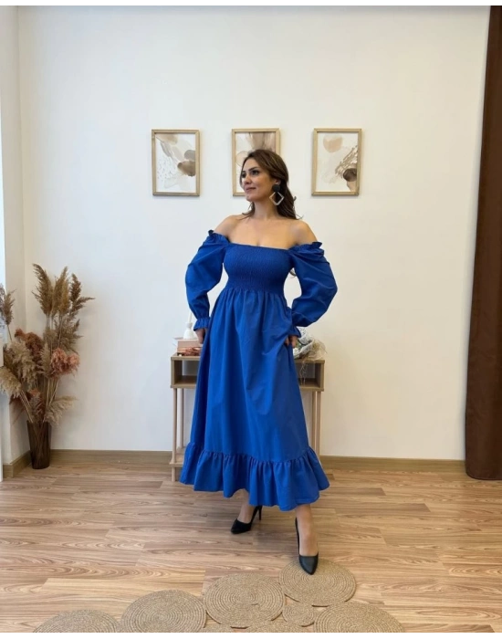 Kadın Uzun Kollu Kare Yakalı Gipeli Uzun Trikoton Elbise