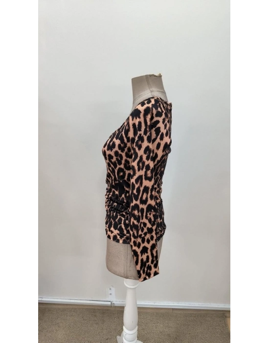 Kadın Uzun Kollu Kare Yakalı Leopar Desenli Dalgıç Bluz