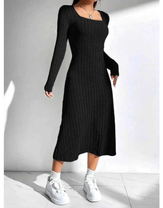 Kadın Uzun Kollu Kare Yakalı Midi şardonlu Kaşkorse Elbise