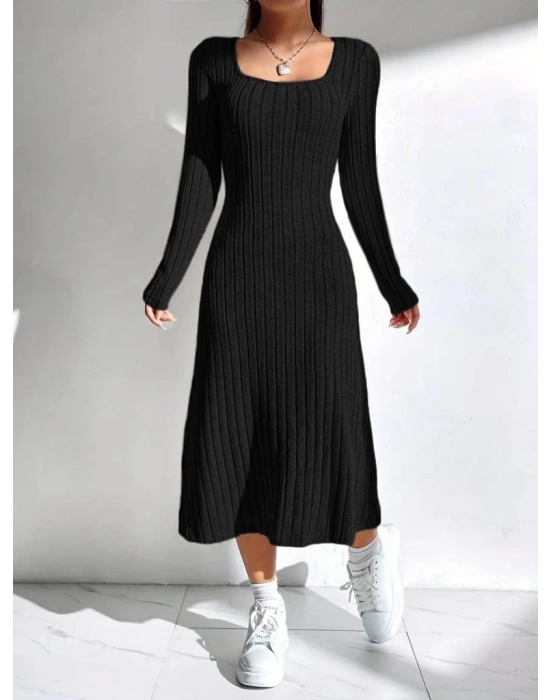 Kadın Uzun Kollu Kare Yakalı Midi şardonlu Kaşkorse Elbise