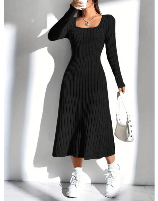 Kadın Uzun Kollu Kare Yakalı Midi şardonlu Kaşkorse Elbise