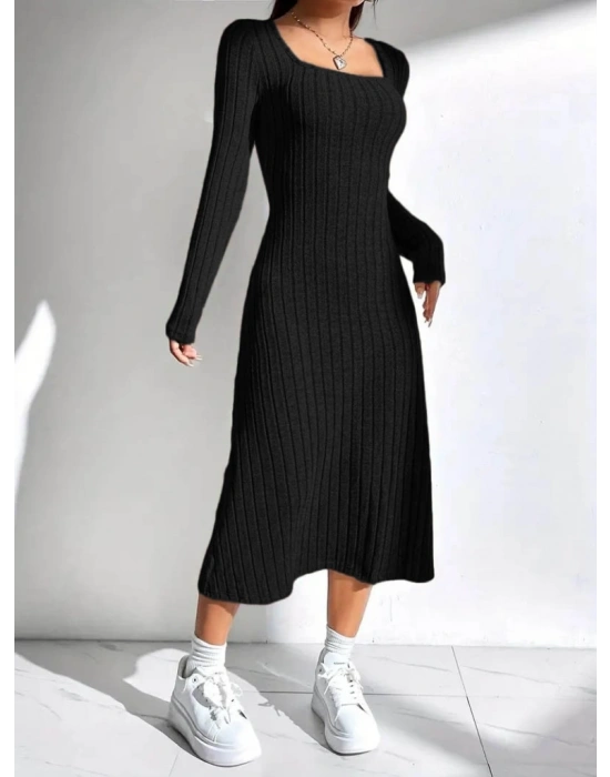 Kadın Uzun Kollu Kare Yakalı Midi şardonlu Kaşkorse Elbise