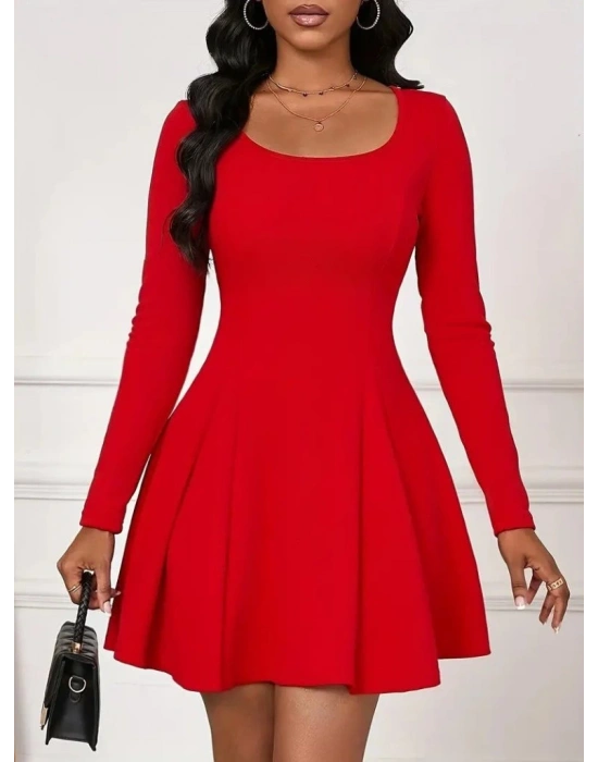 Kadın Uzun Kollu Kare Yakalı Mini Ithal Krep Elbise