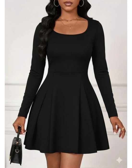 Kadın Uzun Kollu Kare Yakalı Mini Ithal Krep Elbise