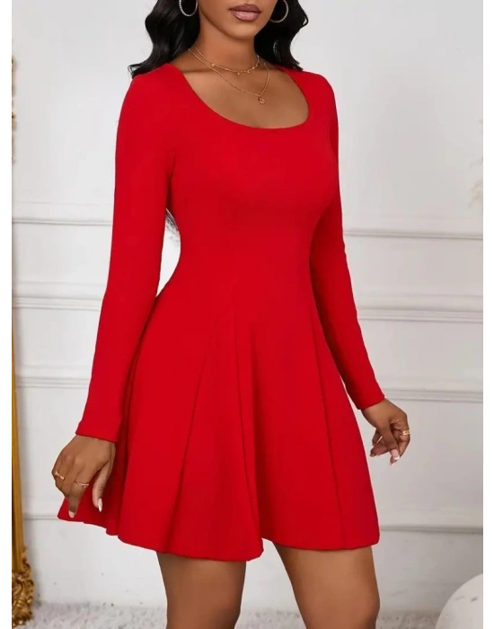 Kadın Uzun Kollu Kare Yakalı Mini Ithal Krep Elbise