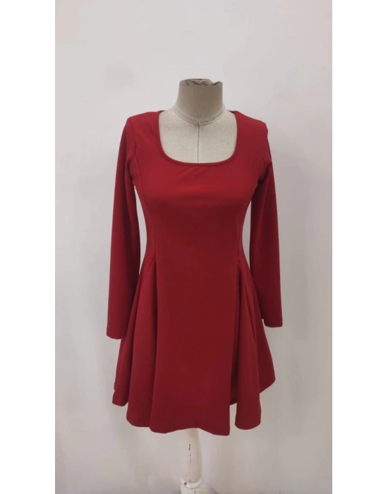 Kadın Uzun Kollu Kare Yakalı Mini Ithal Krep Elbise