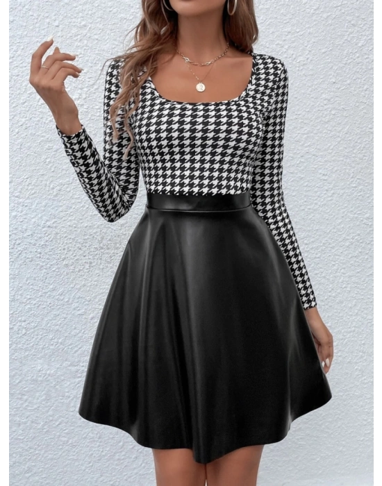 Kadın Uzun Kollu Kare Yakalı üst şardonlu Dalgıç Alt Deri Kısa Elbise