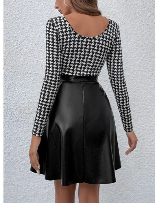 Kadın Uzun Kollu Kare Yakalı üst şardonlu Dalgıç Alt Deri Kısa Elbise
