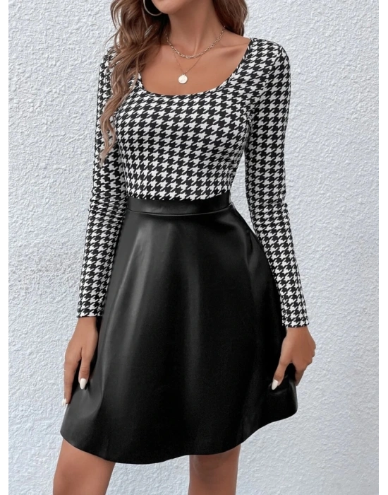 Kadın Uzun Kollu Kare Yakalı üst şardonlu Dalgıç Alt Deri Kısa Elbise