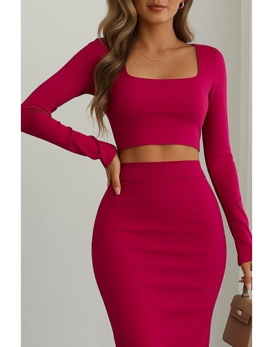 Kadın Uzun Kollu Kaşkorse Crop Ve Etek Takım