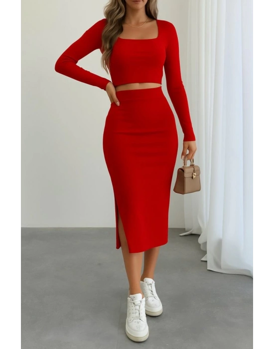 Kadın Uzun Kollu Kaşkorse Crop Ve Etek Takım