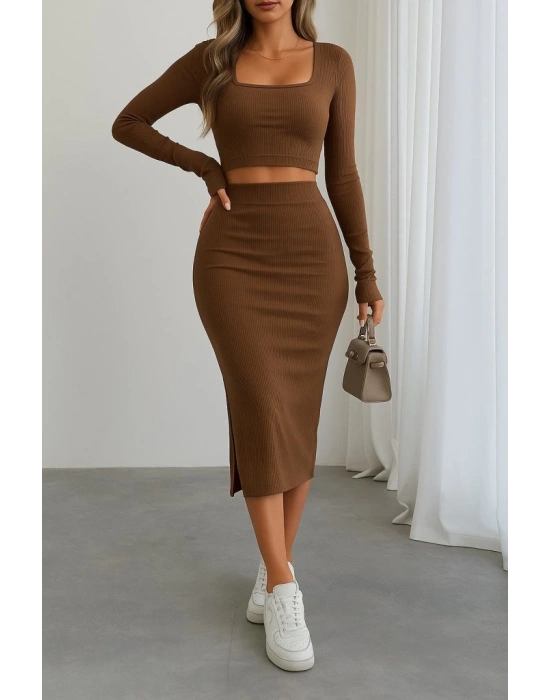 Kadın Uzun Kollu Kaşkorse Crop Ve Etek Takım