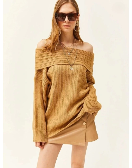 Kadın Uzun Kollu Katlama Detay Madonna Yaka Salaş Kazak